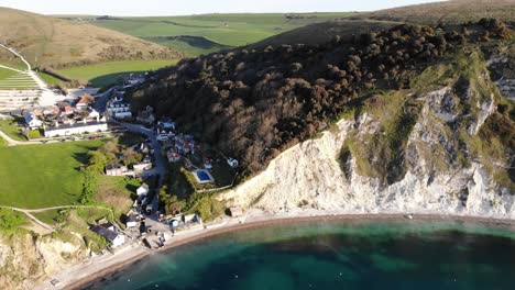 Aerial-panning-left-shot-of-Lulworth-Cove-Dorset-England