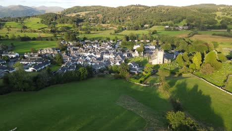 Hawkshead-village-Lake-District-Cumbria-UK-Aerial-footage-pull-back-reveal-4K