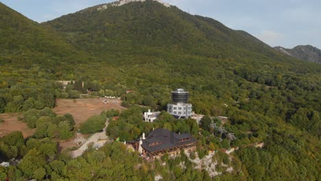 Drone-flight-over-observatory-on-top-of-Dajti-Mountain-near-Tirana-in-Albania