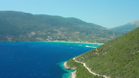 Vasiliki-Coastline-Lefkada-Mountains-Aerial-Revel-Drone-Blue-Water-Green