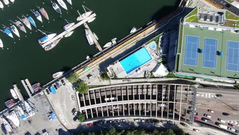 Hong-Kong-harbour-tunnel-and-police-officer-club-swimming-pool,-Aerial-view