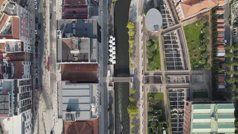 Water-canal-and-cityscape-of-Aveiro-in-top-down-aerial-view