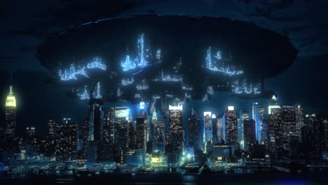 Stunning-3D-CGI-render-of-a-vast-alien-UFO-mothership,-hovering-and-rotating-slowly-and-menacingly-above-a-modern-city,-at-night-illuminated-with-millions-of-blue-lights