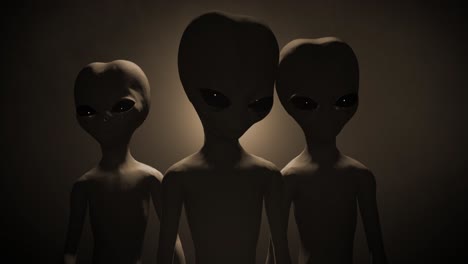 3D-CGI-VFX-close-up-of-three-classic-Roswell-style-grey-aliens-on-a-sepia-backlit-background,-standing-and-looking-menacingly-into-the-camera,-with-a-smokey,-atmospheric-environment