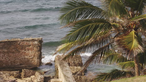 Ocean-Waves-on-Rocky-Shore-of-San-Juan,-Puerto-Rico---Establishing-Zoom-out