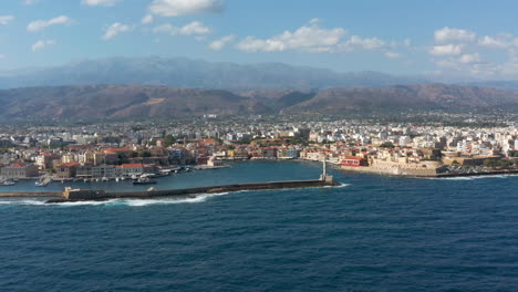 Panoramic-View-Of-Lighthouse-And-Old-Venetian-Port-Of-Chania-In-The-Crete-Island-In-Greece