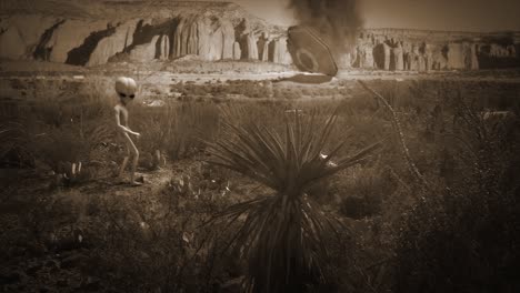 VFX-Aufnahme-Einer-Klassischen-Fliegenden-Untertasse-Im-Roswell-Stil,-Die-Im-Hintergrund-In-Der-Wüste-Von-New-Mexico-In-Flammen-Aufging,-Mit-Einem-Klassischen-Kleinen-Grauen-Alien,-Der-Zuschaut,-In-Sepia-Farbschema