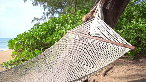 Hammock-Net-Bed-by-Tropical-Beach-and-Vegetation,-Close-Up