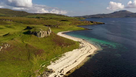 Rotating-drone-shot-of-Coral-Beach-in-Claigan-with-white-sandy-beaches-and-tropical-blue-water,-just-north-of-Dunvegan-Scotland