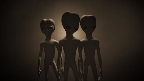 3D-CGI-VFX-mid-shot-of-three-classic-Roswell-style-grey-aliens-on-a-sepia-backlit-background,-standing-and-looking-menacingly-into-the-camera,-with-a-smokey,-atmospheric-environment
