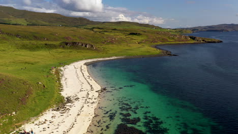 Revealing-drone-shot-of-Coral-Beach-in-Claigan,-just-north-of-Dunvegan-Scotland