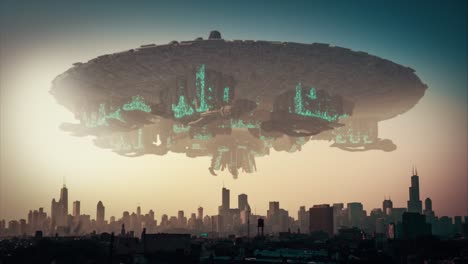 Stunning-3D-CGI-render-of-a-vast-alien-UFO-mothership,-hovering-and-rotating-slowly-and-menacingly-above-a-modern-city,-in-the-glow-of-the-setting-sun