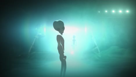 3D-CGI-VFX-animation-of-a-classic-Roswell-grey-alien-turning-to-look-back,-in-front-of-the-glowing-lights-of-a-UFO-fyling-saucer,-with-Teal-Blue-color-tint