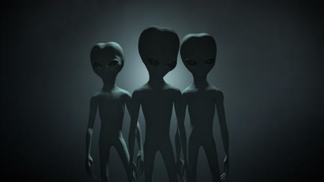 3D-CGI-VFX-mid-shot-of-three-classic-Roswell-style-grey-aliens-on-a-dark-backlit-background,-standing-and-looking-menacingly-into-the-camera,-with-a-smokey,-atmospheric-environment
