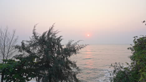 A-pink-sun,-sets-over-an-ocean-horizon-and-in-between-lush-green-trees
