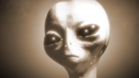3D-CGI-VFX-animation-of-a-close-up-headshot-of-a-classic-Roswell-style-grey-alien,-with-glistening-black-eyes,-turning-and-looking-around,-on-smokey-atmospheric-sepia-background