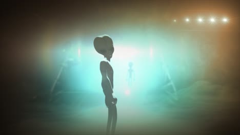3D-CGI-VFX-animation-of-a-classic-Roswell-grey-alien-turning-to-look-back,-in-front-of-the-glowing-lights-of-a-UFO-fyling-saucer,-with-orange-and-teal-color-tint