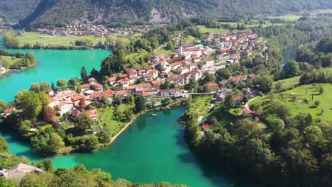 Cinematic-shot-,-Aerial-view-of-Most-Na-Soci-lake-with-beautiful-turquoise-colors-near-Tolmin-in-Slovenia