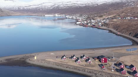 Famous-Mjóeyri-cottages-in-traditional-Iceland-style,-Eskifjörður-fjord