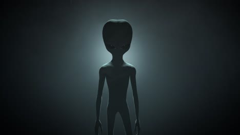 3D-CGI-VFX-animation-of-a-classic-Roswell-style-grey-alien-on-a-dark-backlit-background,-standing-and-looking-menacingly-into-the-camera,-with-a-smokey,-atmospheric-environment
