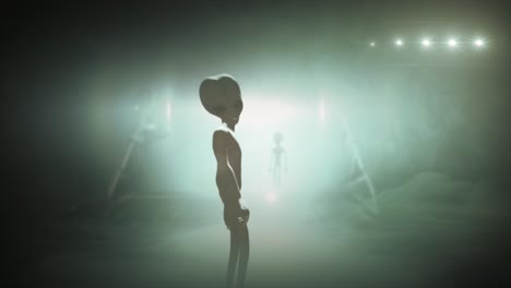 3D-CGI-VFX-animation-of-a-classic-Roswell-grey-alien-turning-to-look-back,-in-front-of-the-glowing-lights-of-a-UFO-fyling-saucer,-with-grey-and-sepia-color-tint