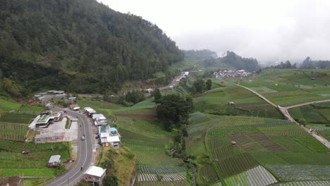 Aerial-view,-rural-scenery-on-the-slopes-of-Mount-Lawu,-fields-and-winding-roads-located-in-Tawangmangu,-Indonesia