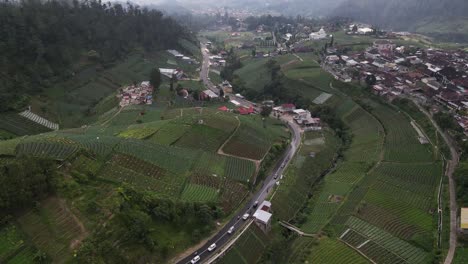 Aerial-view,-rural-scenery-on-the-slopes-of-Mount-Lawu,-fields-and-winding-roads-located-in-Tawangmangu,-Indonesia