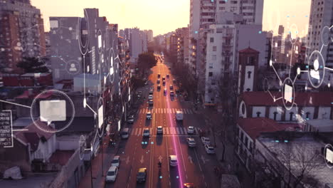 Aerial:-Traffic-on-busy-Road-in-Buenos-Aires-during-sunset---Future-Concept-of-Smart-City-with-Communication-network-