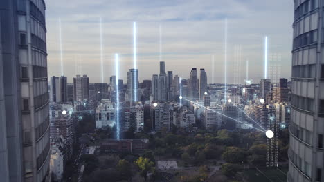 Zukunftskonzept-Mit-Leuchtenden-Digitalen-Linien,-Die-Die-Stadt-Verbinden---Filmischer-Drohnenflug-Zwischen-Zwei-Wolkenkratzergebäuden-In-Buenos-Aires---Moderne-Skyline-Mit-Hightech-datenkommunikation--5g-6g-Netzwerk
