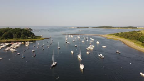 Sailboats-And-Fishing-Boats-Floating-At-Calm-Waters-Of-Cohasset-Cove-And-Harbor-In-Massachusetts,-USA