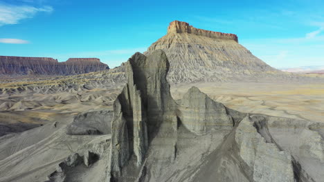 Factory-Butte,-North-Caineville-Mesa-and-Grey-Sandstone-Formation-in-Utah-Desert-Drone-Aerial-View