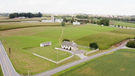 Aerial-establishing-shot-of-Amish-one-room-schoolhouse-in-rural-USA