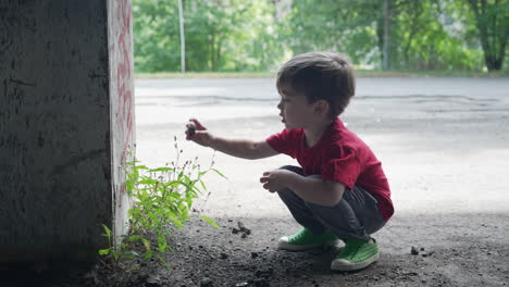 A-young-little-boy-is-having-fun-and-sitting-near-in-sapling-that-grows-in-a-abandoned-building
