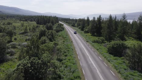 Roadtrip-through-natural-green-woodland-in-Iceland,-lush-vegetation,-aerial