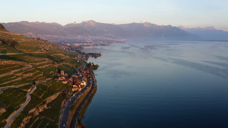 Picturesque-View-Of-Saint-Saphorin-village-And-the-Lavaux-Vinyards-In-Switzerland---Aerial-shot