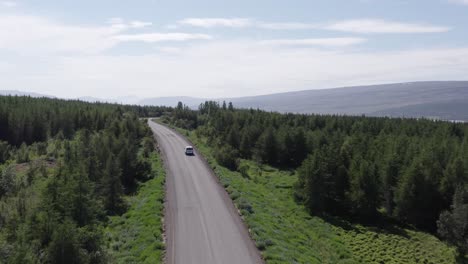 Lush-green-vegetation-of-East-Iceland-with-car-driving-on-scenic-road,-aerial