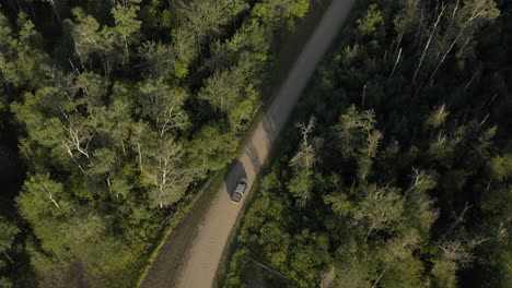 Aerial-View-Of-Truck-Driving-Through-Pine-Trees-In-Boreal-Forest-In-Saskatchewan,-Canada
