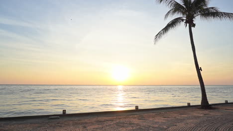 Eine-Silhouettierte-Kokospalme-Am-Sandstrand-Bei-Farbenfrohem-Sonnenaufgang-über-Dem-Ozean