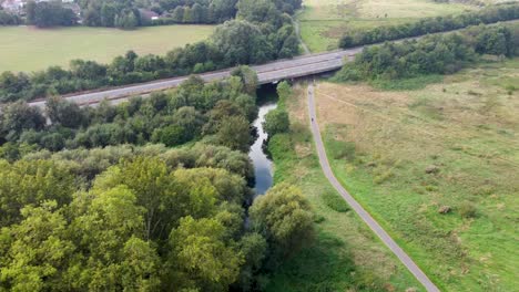 Aerial-Along-Great-Stour-With-A2-Dual-Carriageway-Overhead