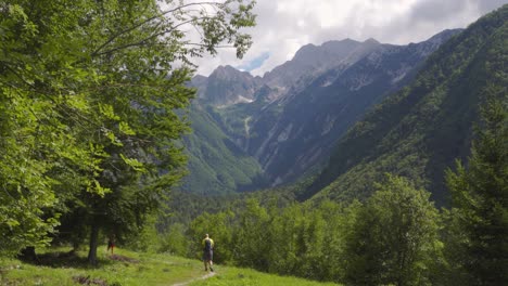 Ein-Wanderer,-Der-Einen-Wanderweg-Auf-Einer-Wiese-Mit-Einer-Atemberaubenden-Alpenkulisse-Hinuntergeht