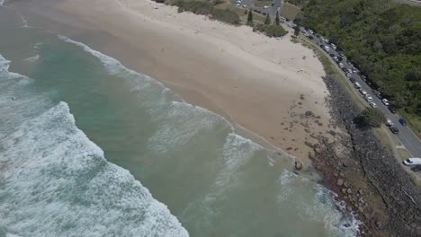 Waves-Splashing-On-Sandy-Duranbah-Beach-In-In-Tweed-Heads,-NSW,-Australia-At-Summer