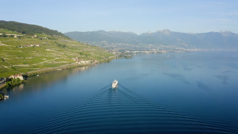 Lausanne-Pleasure-Boat-Cruise-At-Lake-Leman-With-Scenic-Vineyard-Views-Near-Rivaz-Village-In-Switzerland