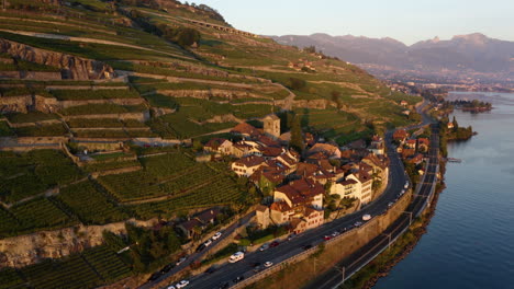 Old-And-Charming-Village-Of-Saint-Saphorin-in-Lavaux-vineyards-Switzerland---aerial-shot