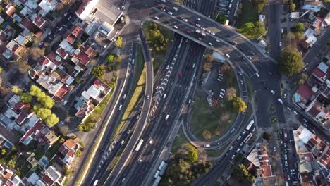 Aerial-top-down-view-of-vehicular-traffic-on-modern-multilevel-interstate-overpass-in-Buenos-Aires