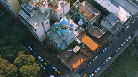 AERIAL---Russian-Orthodox-Cathedral,-San-Telmo,-Buenos-Aires,-Argentina,-circle-pan