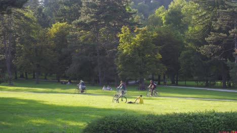 Una-Toma-Panorámica-De-Un-Grupo-De-Personas-Montando-En-Bicicleta-En-Un-Exuberante-Parque-En-Ljubljana,-Eslovenia