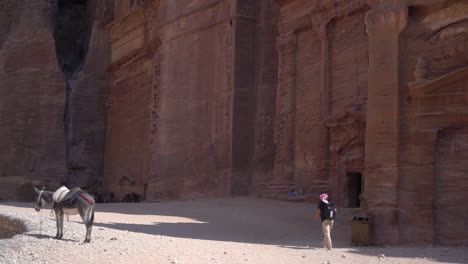 Un-Hombre-Y-Una-Mula-Frente-Al-Templo-Tallado-En-El-Sitio-Arqueológico-De-Petra,-Jordania-En-Un-Día-Caluroso-Y-Soleado,-Cámara-Lenta-De-Cuadro-Completo