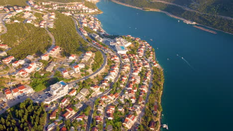 Scenic-View-Of-The-Town-Of-Neum-On-The-Slender-Coastline-of-Bosnia-and-Herzegovina---aerial-drone-shot