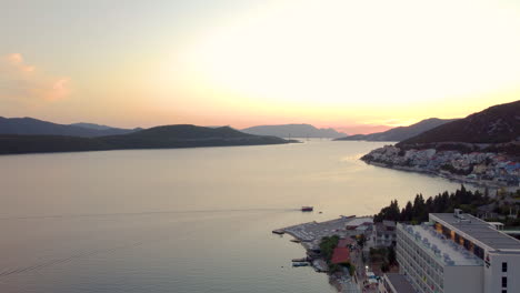 Aerial-View-Of-The-Coast-Of-Neum-At-The-Adriatic-Sea-During-Sunset---drone-shot