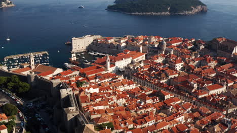 Aerial-View-Of-Dubrovnik-Old-Town-With-Buza-Gate,-Houses-And-Historical-Landmarks-In-Croatia